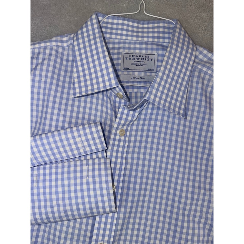 Charles Tyrwhitt Men's 18X37 Slim Fit Gingham Dress Shirt Blue White French Cuff
